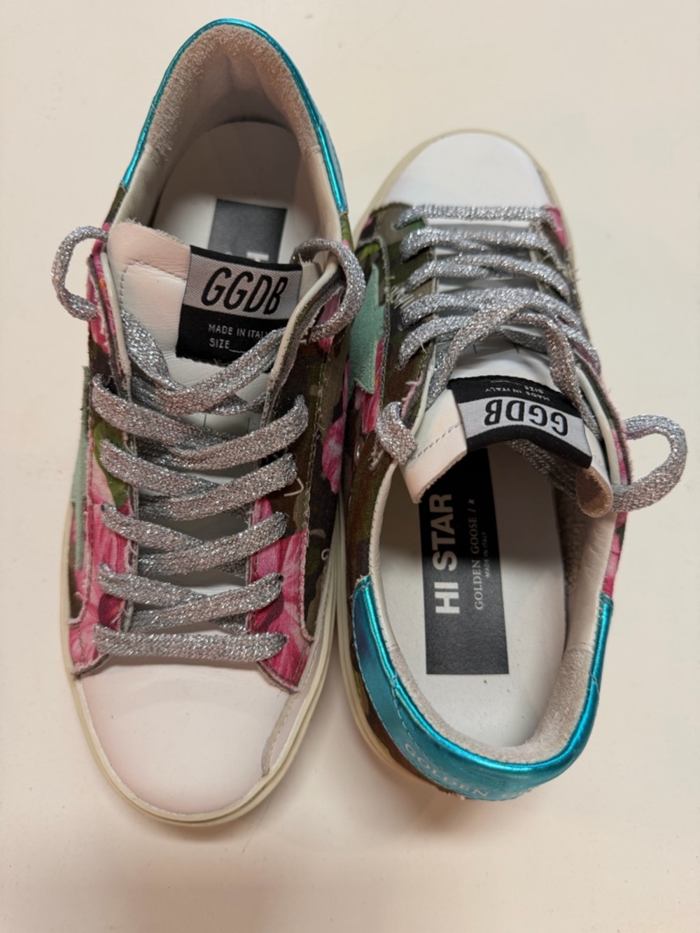 Golden Goose women’s  Hi Star Floral Sneakers in Pink, Teal & Silver - Picture 3 of 5